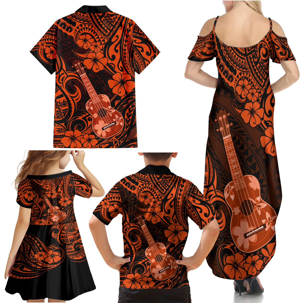 Hawaii Ukulele Family Matching Summer Maxi Dress and Hawaiian Shirt Polynesian Pattern Orange Version LT01 - Polynesian Pride