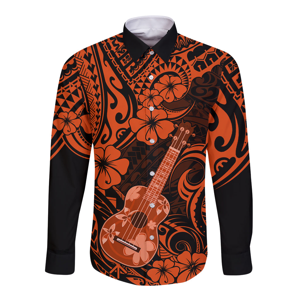 Hawaii Ukulele Long Sleeve Button Shirt Polynesian Pattern Orange Version LT01 Unisex Orange - Polynesian Pride