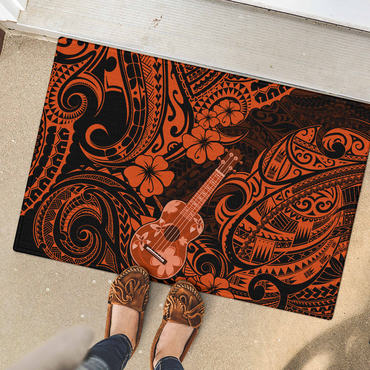 Hawaii Ukulele Rubber Doormat Polynesian Pattern Orange Version LT01 - Polynesian Pride