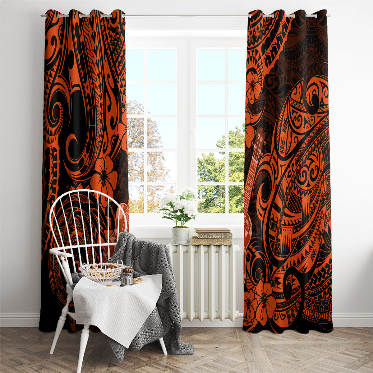 Hawaii Ukulele Window Curtain Polynesian Pattern Orange Version LT01 - Polynesian Pride