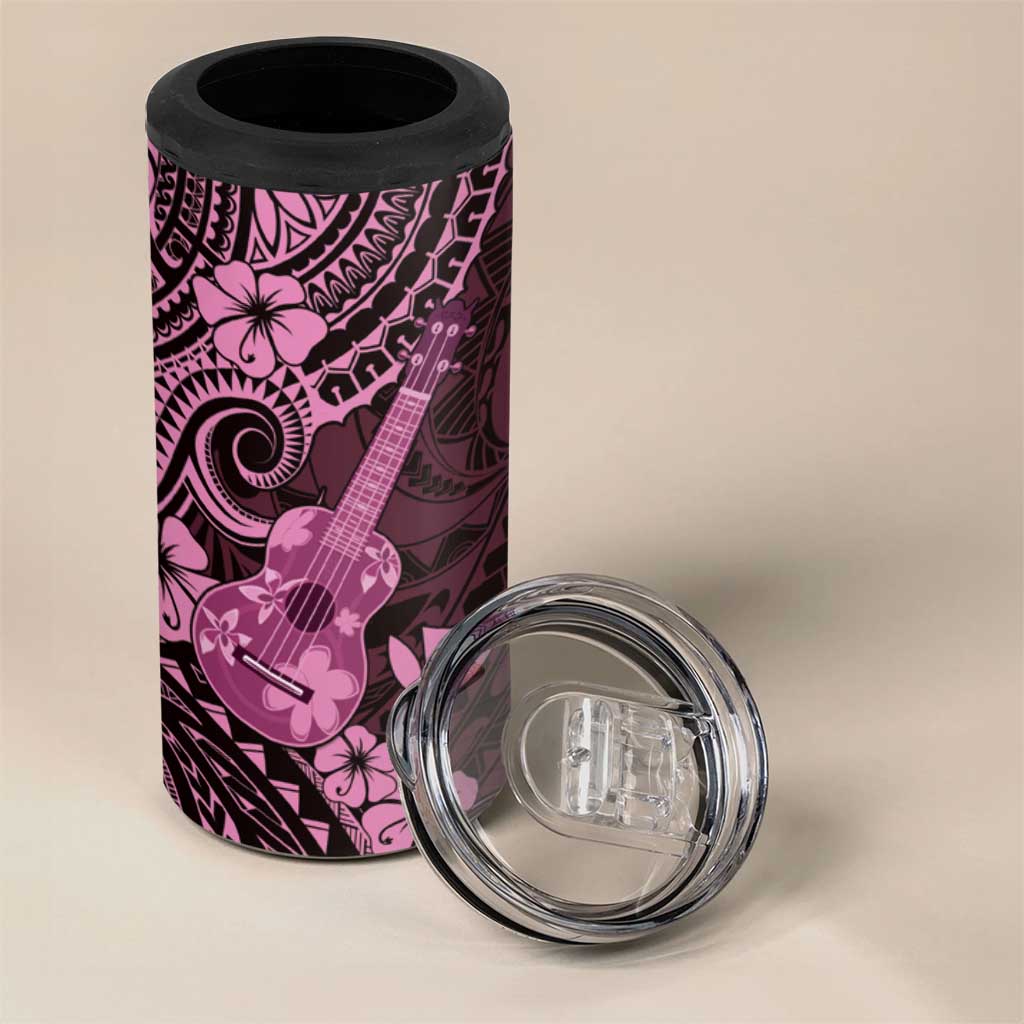 Hawaii Ukulele 4 in 1 Can Cooler Tumbler Polynesian Pattern Pink Version