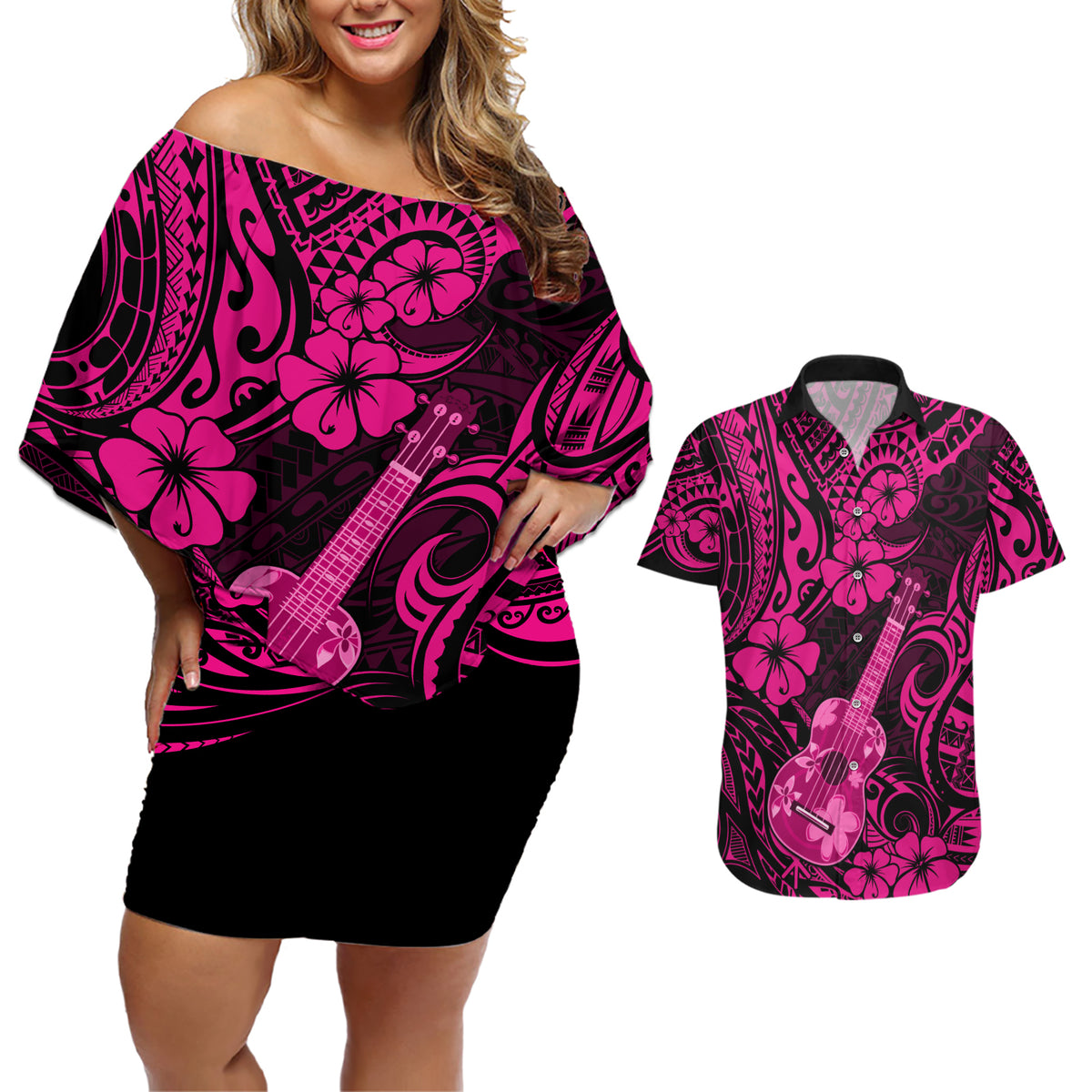 Hawaii Ukulele Couples Matching Off Shoulder Short Dress and Hawaiian Shirt Polynesian Pattern Pink Version LT01 Pink - Polynesian Pride