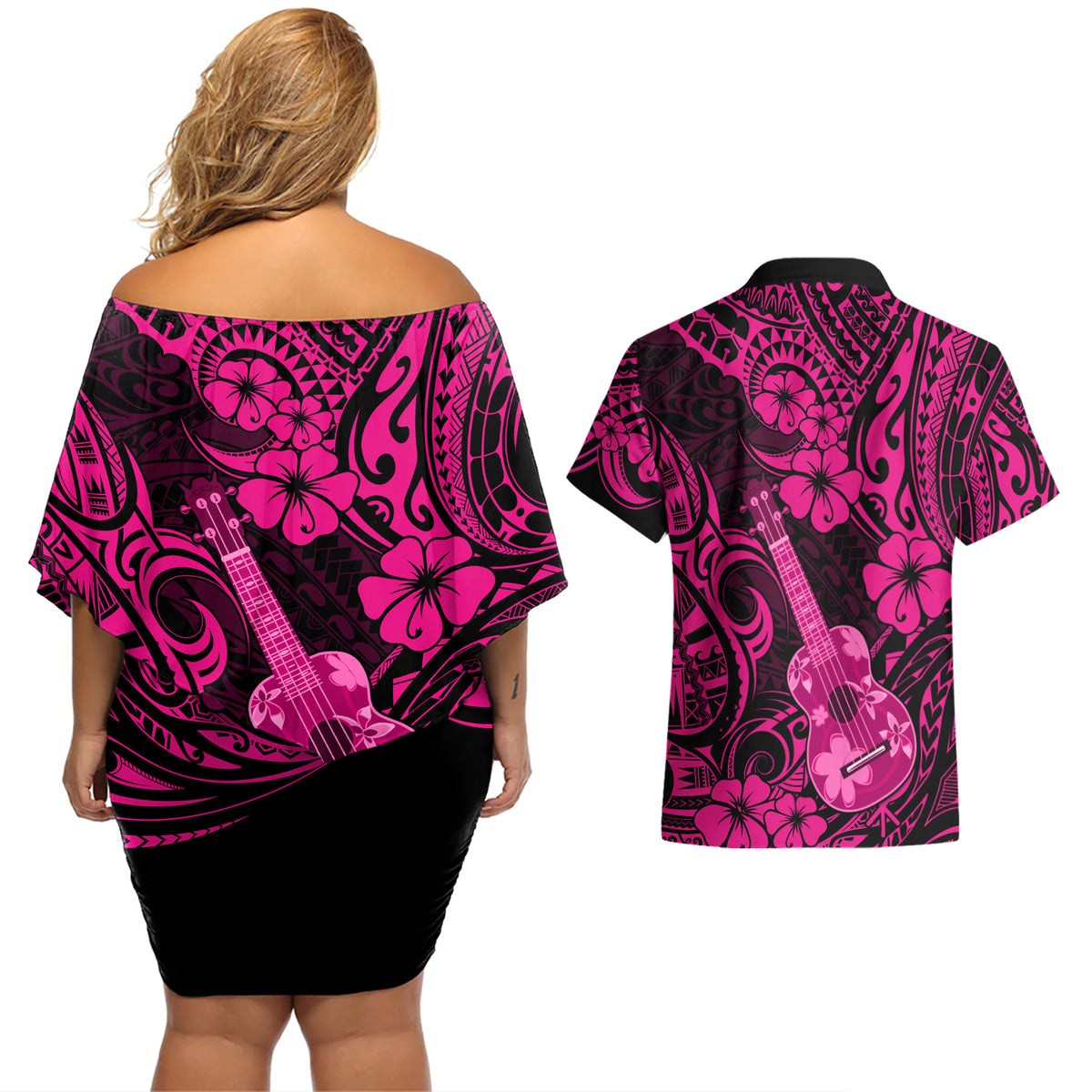 Hawaii Ukulele Couples Matching Off Shoulder Short Dress and Hawaiian Shirt Polynesian Pattern Pink Version LT01 - Polynesian Pride