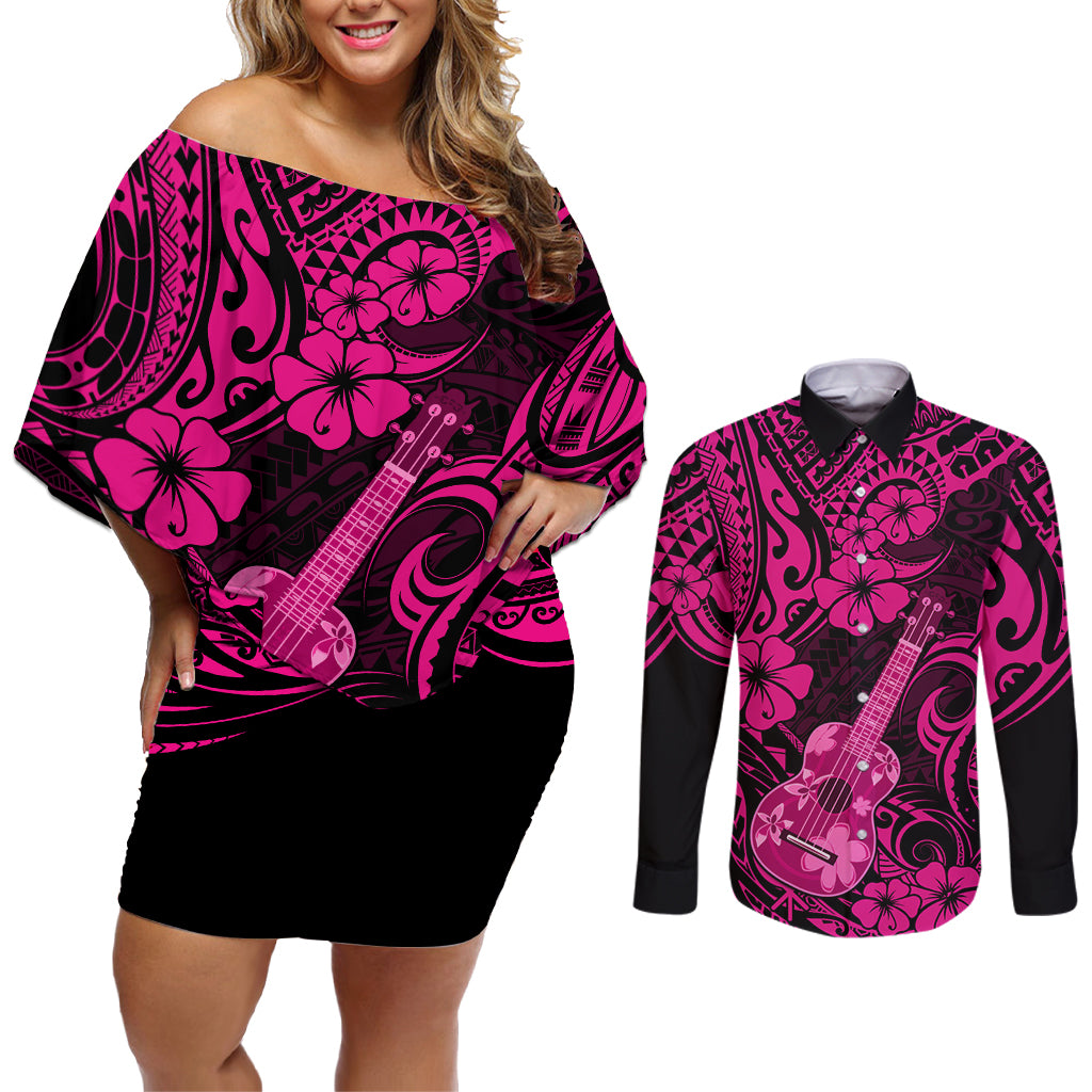 Hawaii Ukulele Couples Matching Off Shoulder Short Dress and Long Sleeve Button Shirts Polynesian Pattern Pink Version LT01 Pink - Polynesian Pride