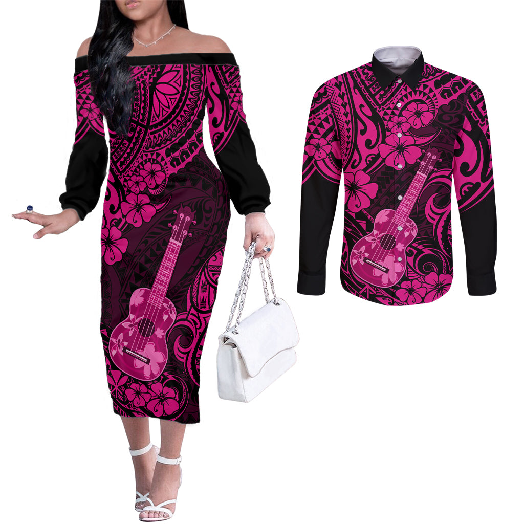 Hawaii Ukulele Couples Matching Off The Shoulder Long Sleeve Dress and Long Sleeve Button Shirts Polynesian Pattern Pink Version LT01 Pink - Polynesian Pride