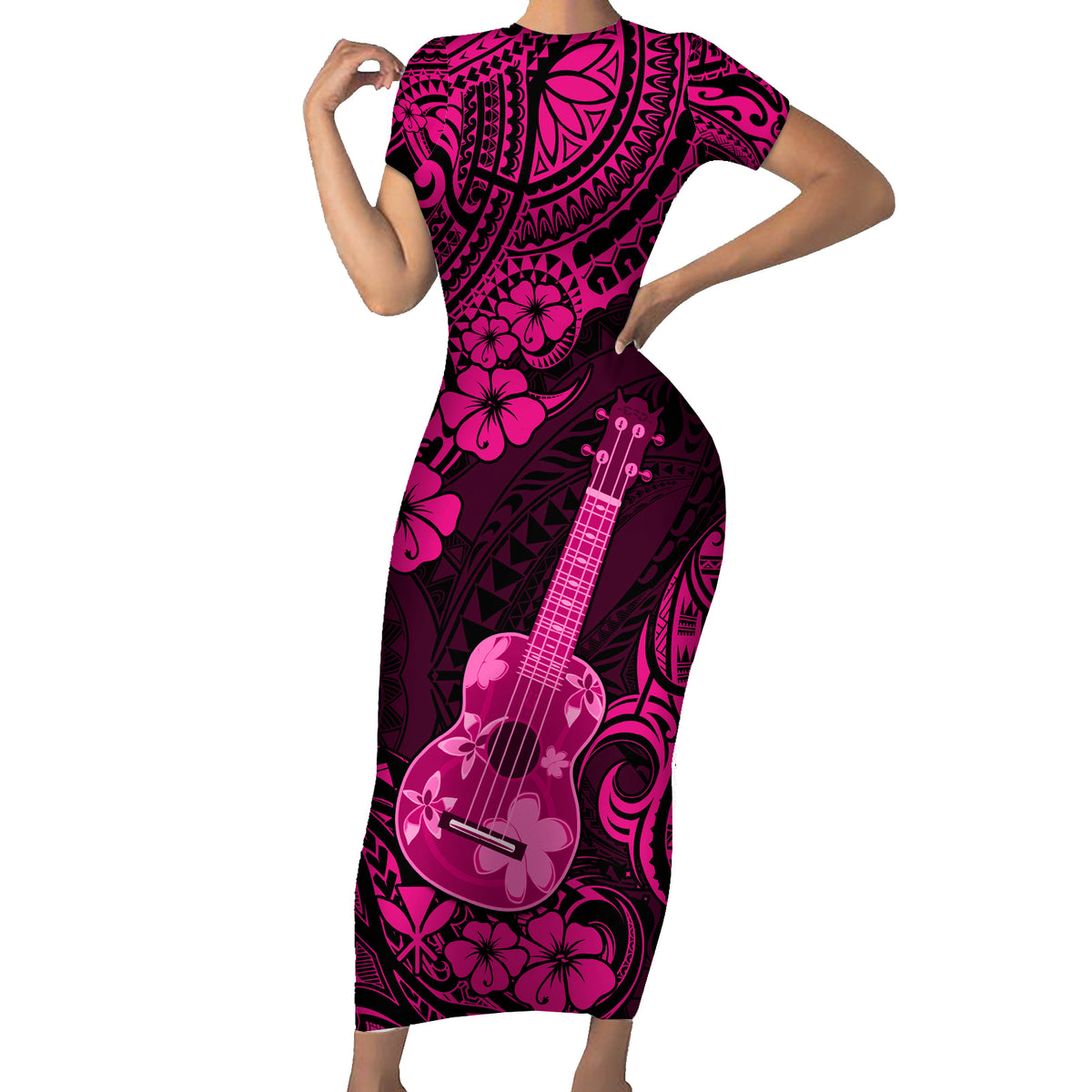 Hawaii Ukulele Family Matching Short Sleeve Bodycon Dress and Hawaiian Shirt Polynesian Pattern Pink Version LT01 Mom's Dress Pink - Polynesian Pride