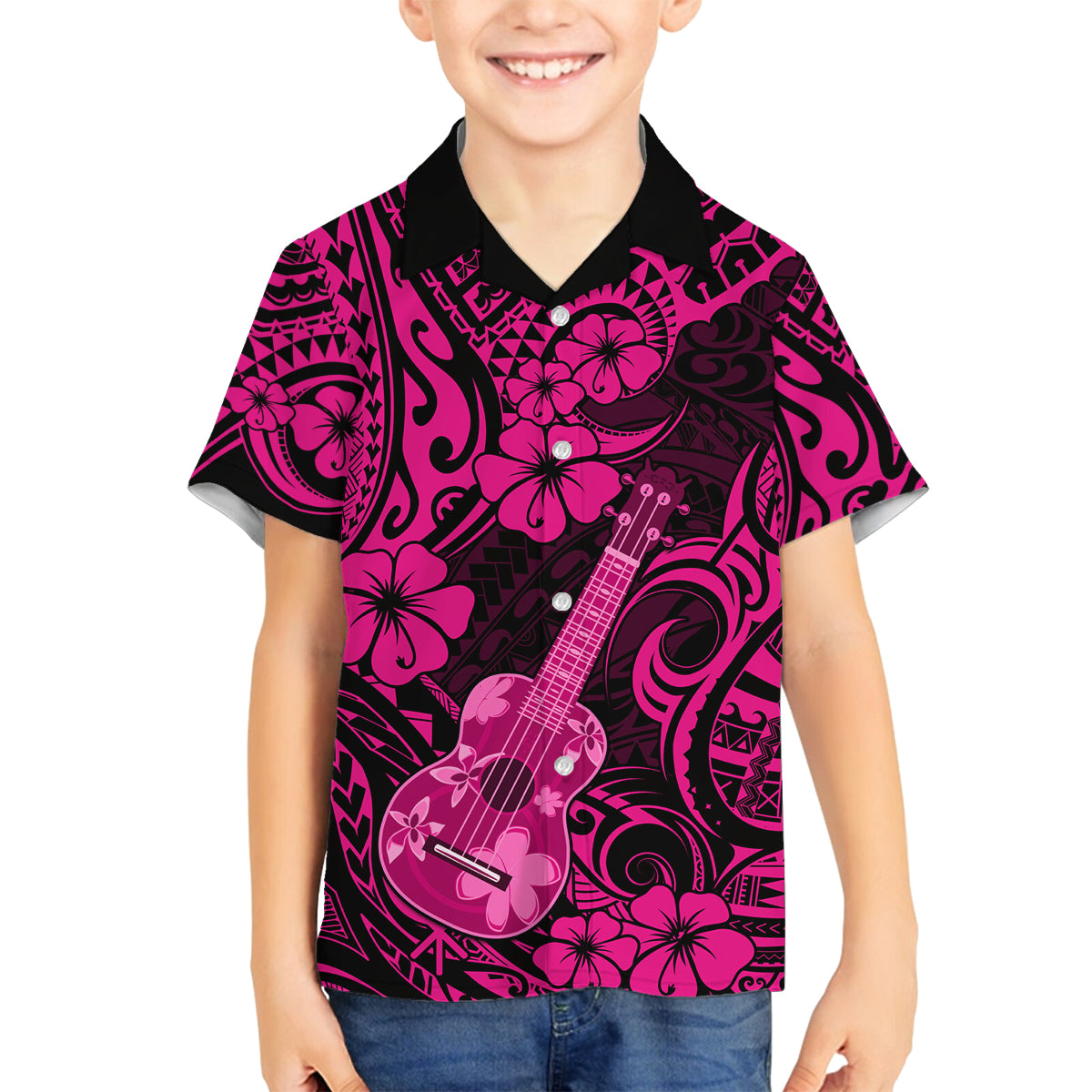 Hawaii Ukulele Family Matching Summer Maxi Dress and Hawaiian Shirt Polynesian Pattern Pink Version LT01 Son's Shirt Pink - Polynesian Pride