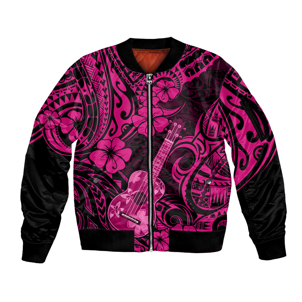 Hawaii Ukulele Sleeve Zip Bomber Jacket Polynesian Pattern Pink Version LT01 Unisex Pink - Polynesian Pride