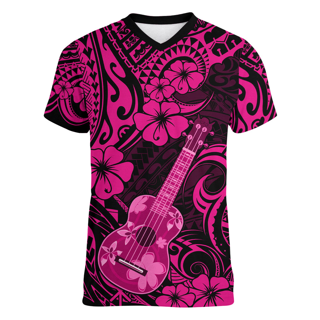 Hawaii Ukulele Women V Neck T Shirt Polynesian Pattern Pink Version LT01 Female Pink - Polynesian Pride