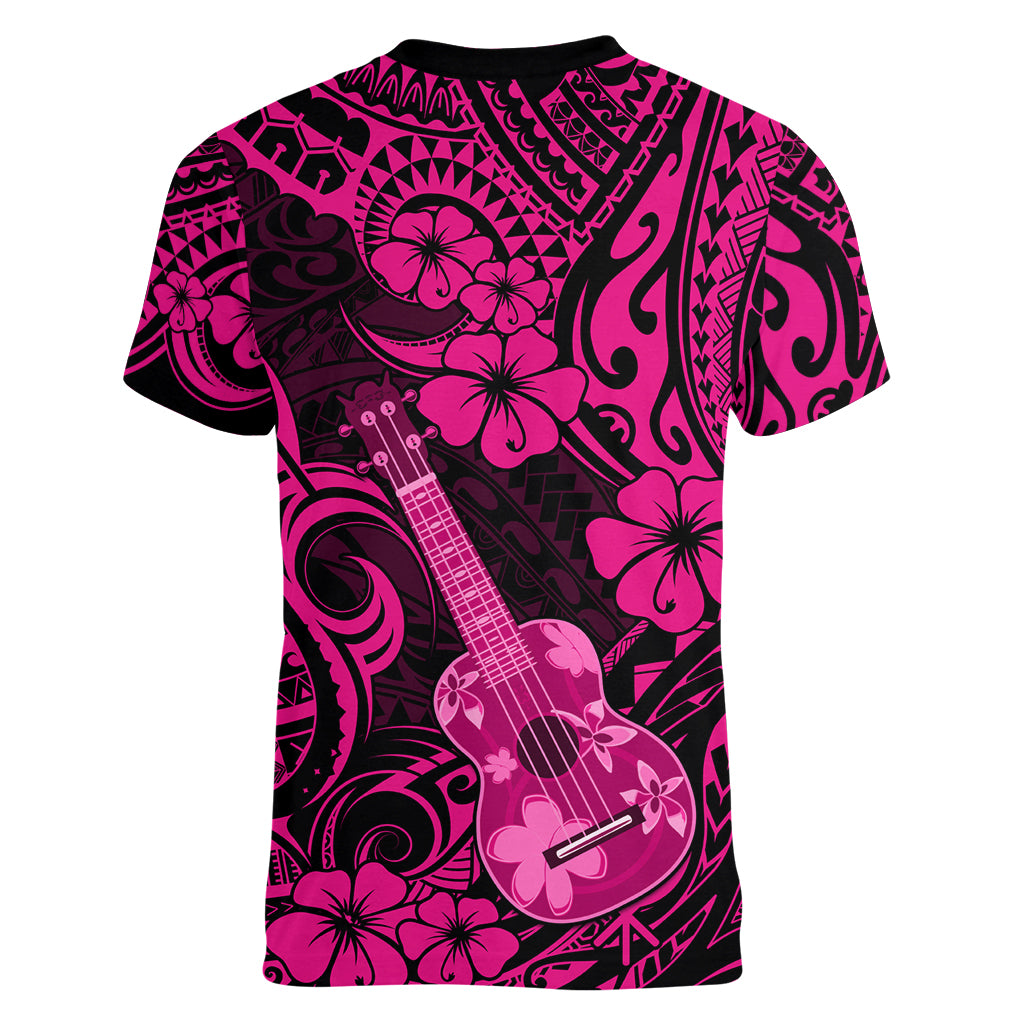 Hawaii Ukulele Women V Neck T Shirt Polynesian Pattern Pink Version LT01 - Polynesian Pride