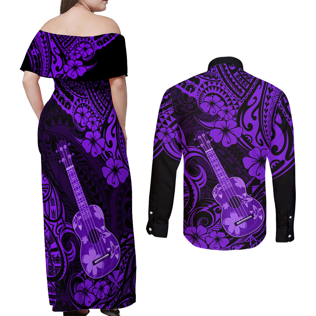 Hawaii Ukulele Couples Matching Off Shoulder Maxi Dress and Long Sleeve Button Shirts Polynesian Pattern Purple Version LT01 - Polynesian Pride