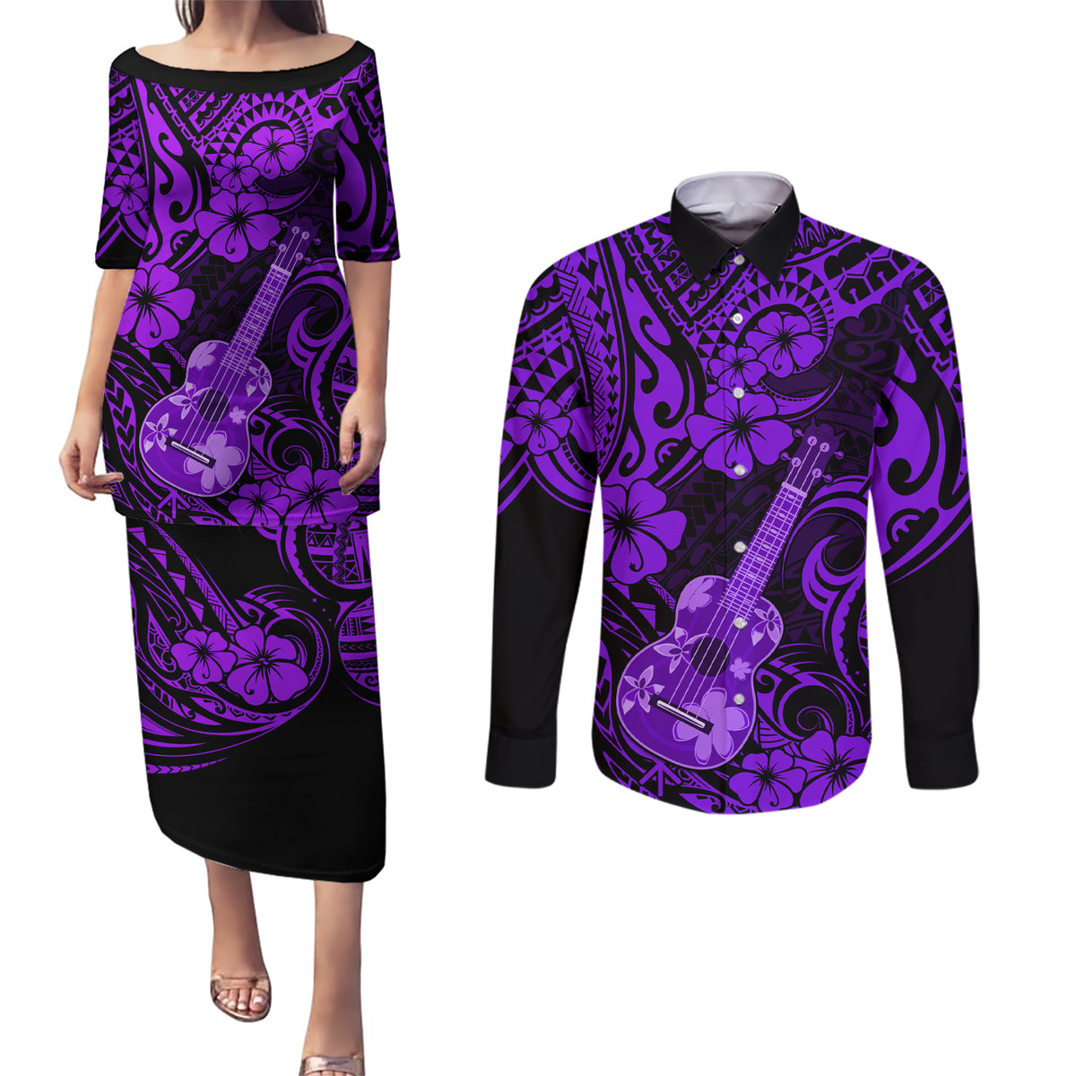 Hawaii Ukulele Couples Matching Puletasi Dress and Long Sleeve Button Shirts Polynesian Pattern Purple Version LT01 Purple - Polynesian Pride