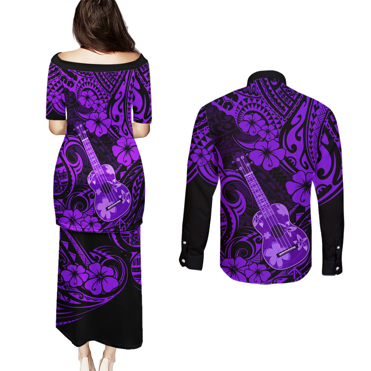 Hawaii Ukulele Couples Matching Puletasi Dress and Long Sleeve Button Shirts Polynesian Pattern Purple Version LT01 - Polynesian Pride