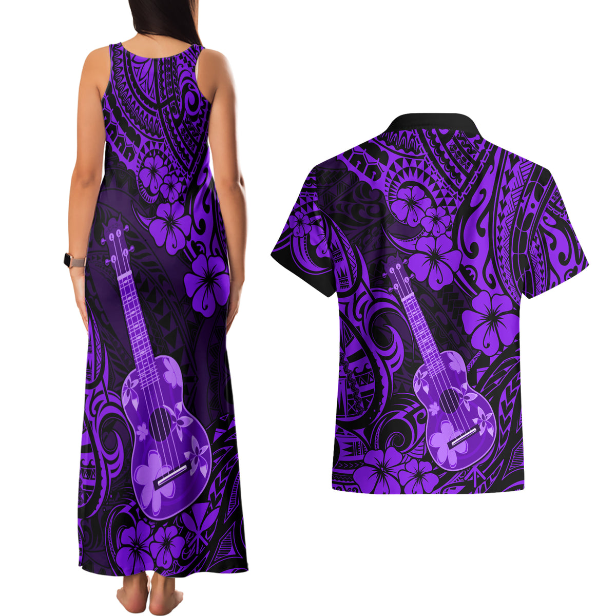 Hawaii Ukulele Couples Matching Tank Maxi Dress and Hawaiian Shirt Polynesian Pattern Purple Version LT01 - Polynesian Pride