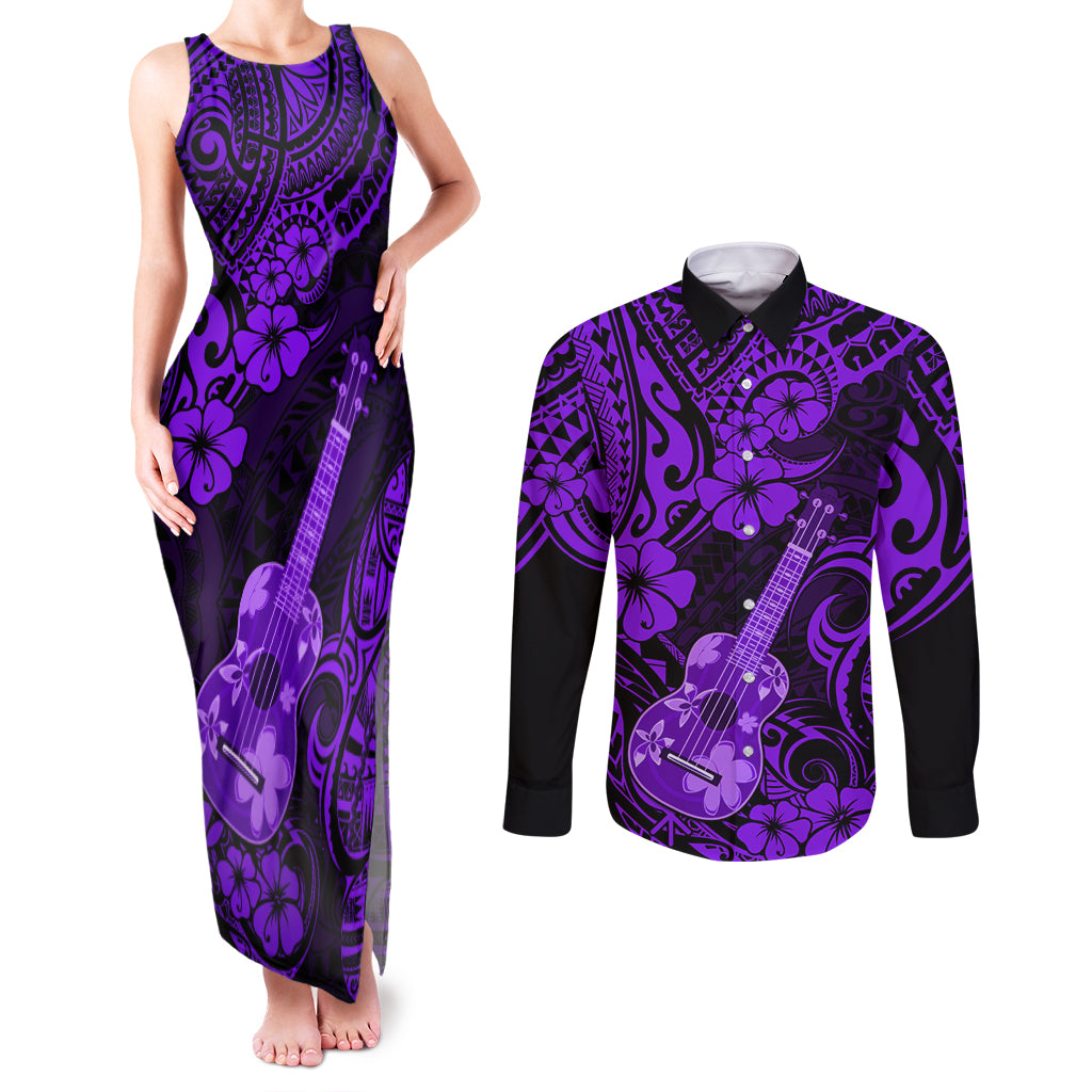Hawaii Ukulele Couples Matching Tank Maxi Dress and Long Sleeve Button Shirts Polynesian Pattern Purple Version LT01 Purple - Polynesian Pride
