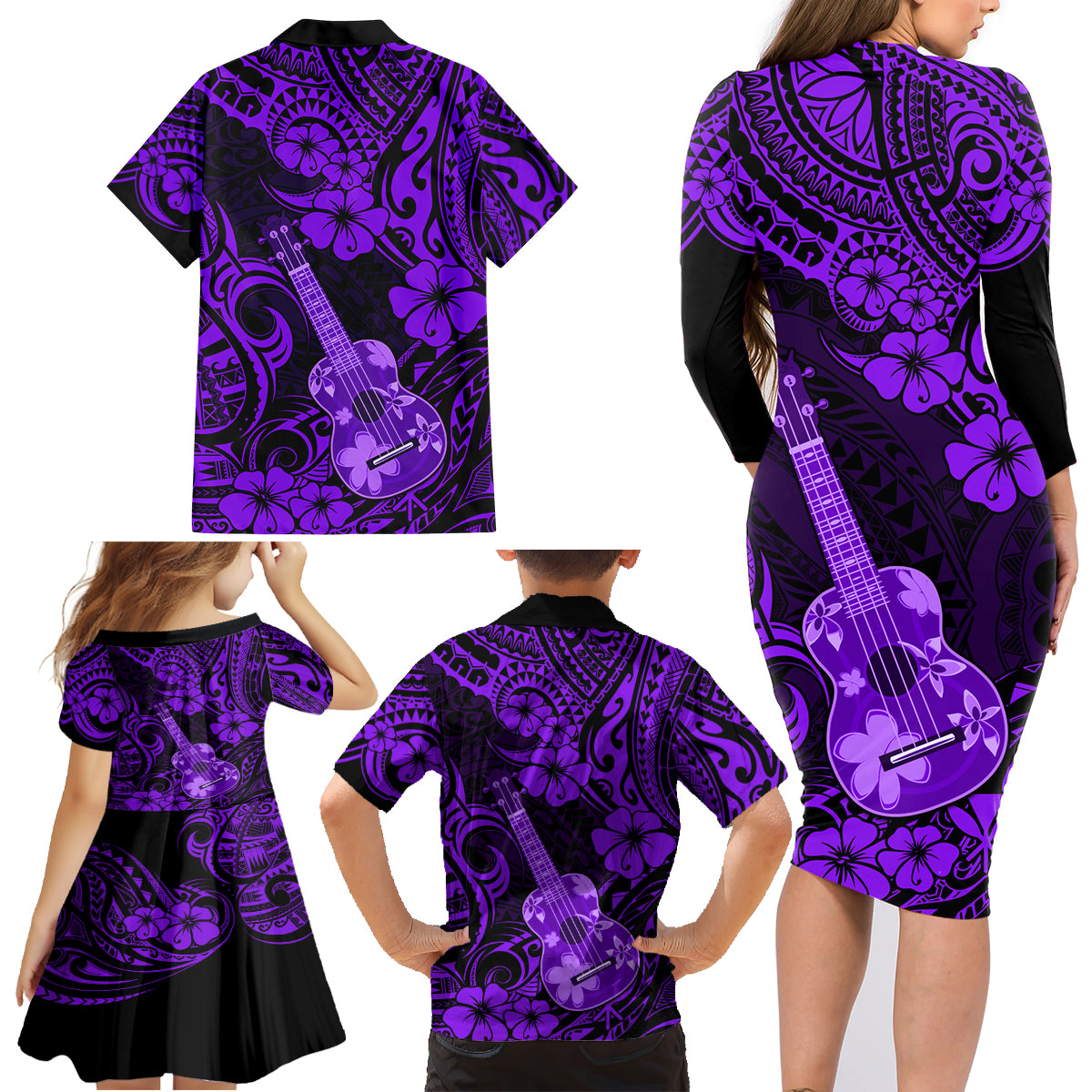 Hawaii Ukulele Family Matching Long Sleeve Bodycon Dress and Hawaiian Shirt Polynesian Pattern Purple Version LT01 - Polynesian Pride