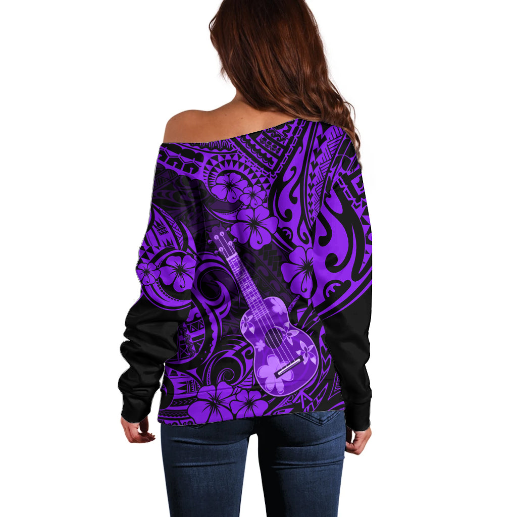 Hawaii Ukulele Off Shoulder Sweater Polynesian Pattern Purple Version LT01 - Polynesian Pride