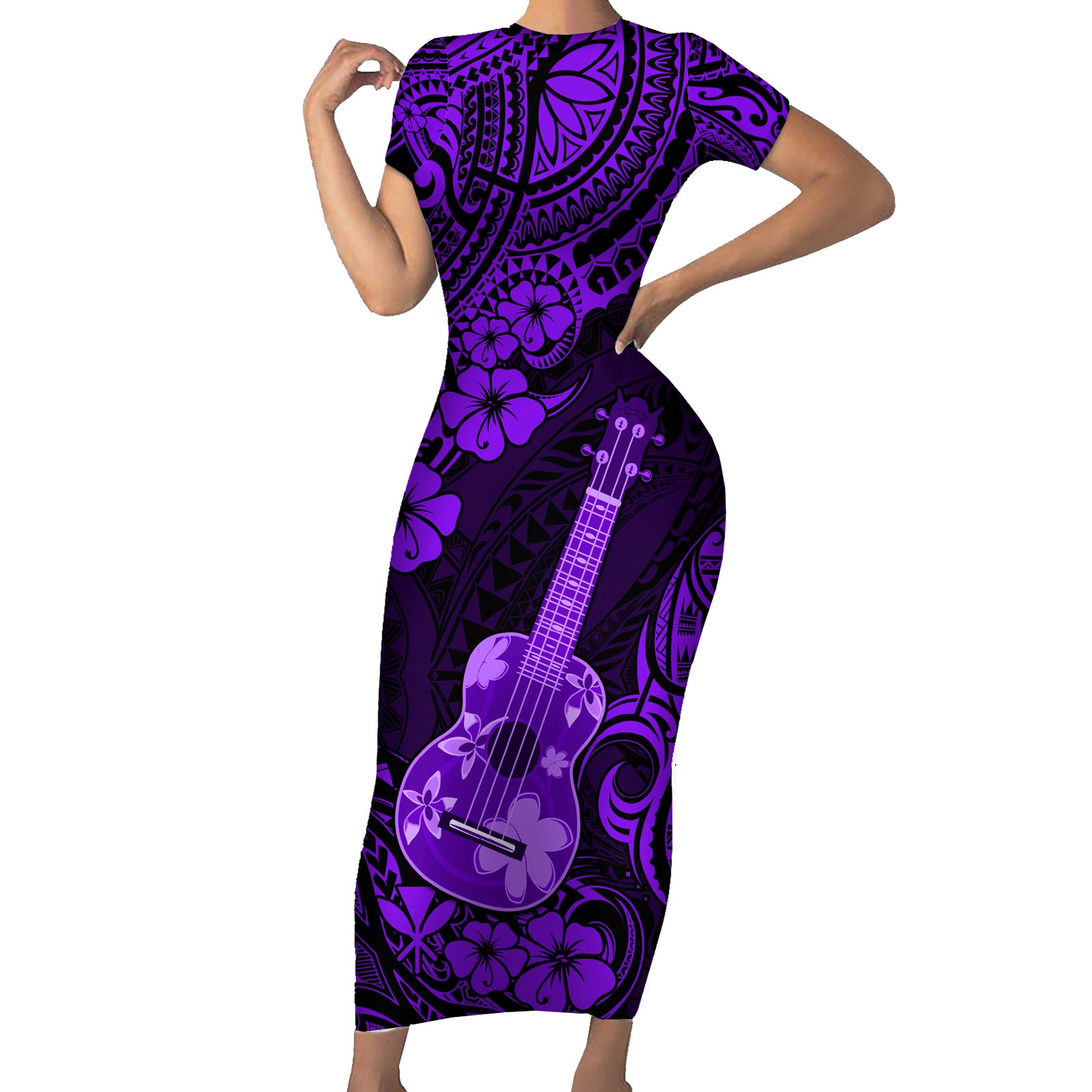 Hawaii Ukulele Short Sleeve Bodycon Dress Polynesian Pattern Purple Version LT01 Long Dress Purple - Polynesian Pride
