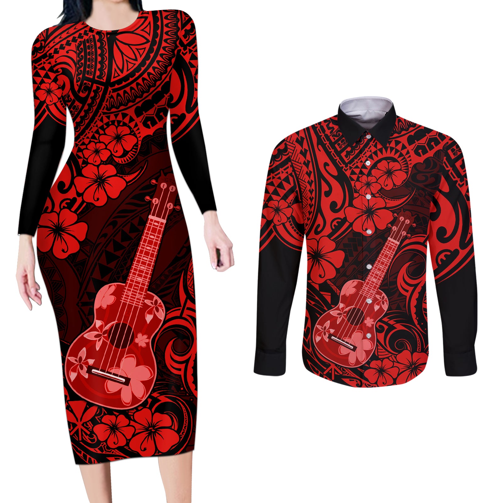 Hawaii Ukulele Couples Matching Long Sleeve Bodycon Dress and Long Sleeve Button Shirts Polynesian Pattern Red Version LT01 Red - Polynesian Pride