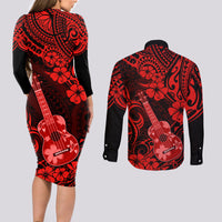 Hawaii Ukulele Couples Matching Long Sleeve Bodycon Dress and Long Sleeve Button Shirts Polynesian Pattern Red Version LT01 - Polynesian Pride