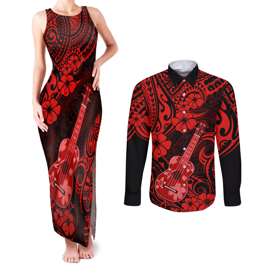 Hawaii Ukulele Couples Matching Tank Maxi Dress and Long Sleeve Button Shirts Polynesian Pattern Red Version LT01 Red - Polynesian Pride