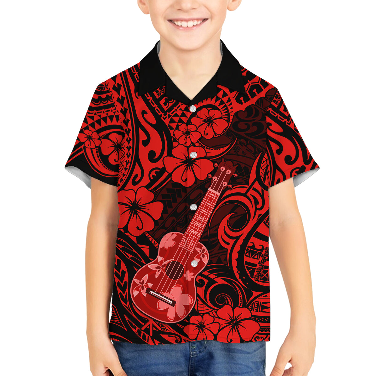 Hawaii Ukulele Family Matching Off Shoulder Long Sleeve Dress and Hawaiian Shirt Polynesian Pattern Red Version LT01 Son's Shirt Red - Polynesian Pride