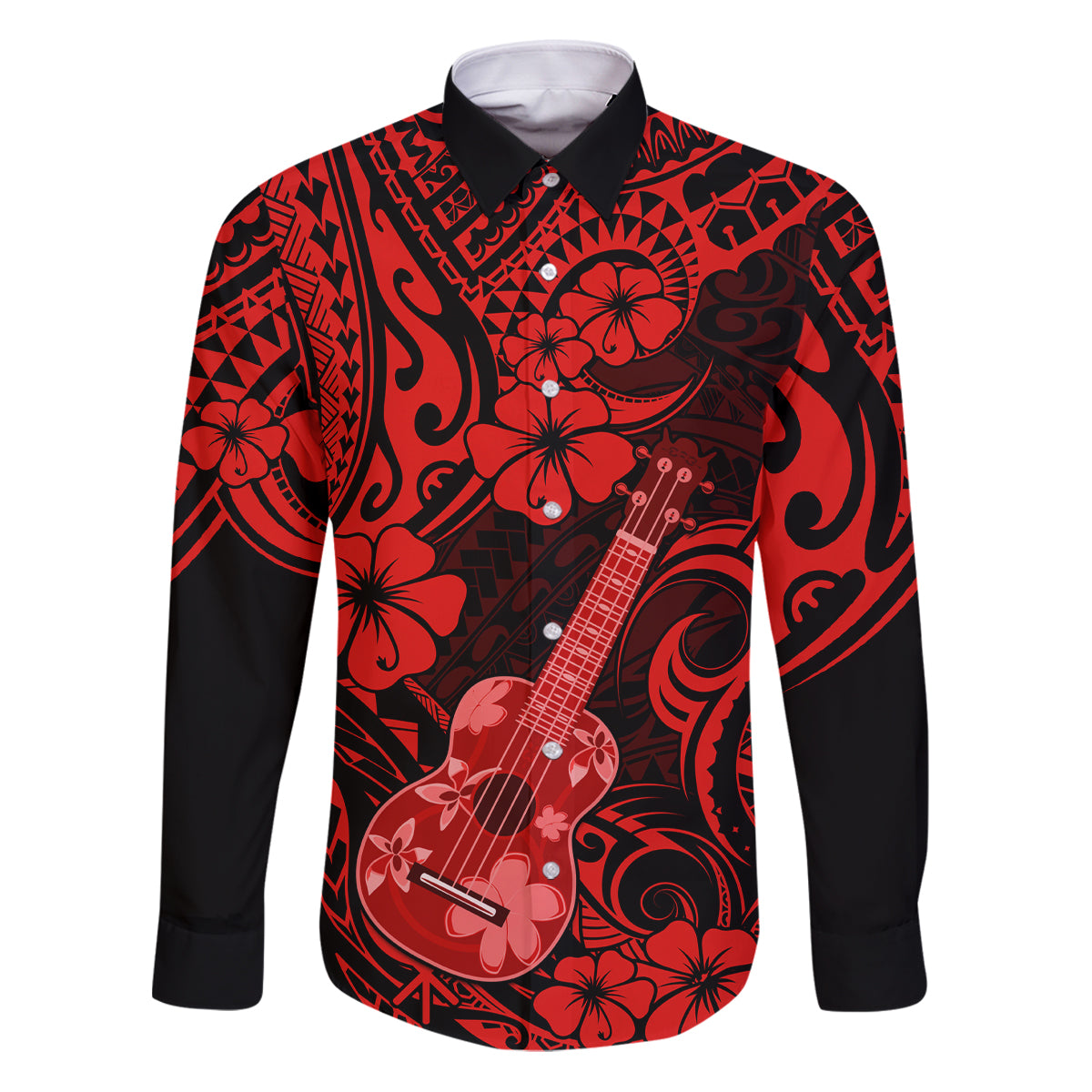 Hawaii Ukulele Family Matching Puletasi Dress and Hawaiian Shirt Polynesian Pattern Red Version LT01 Dad's Shirt - Long Sleeve Red - Polynesian Pride