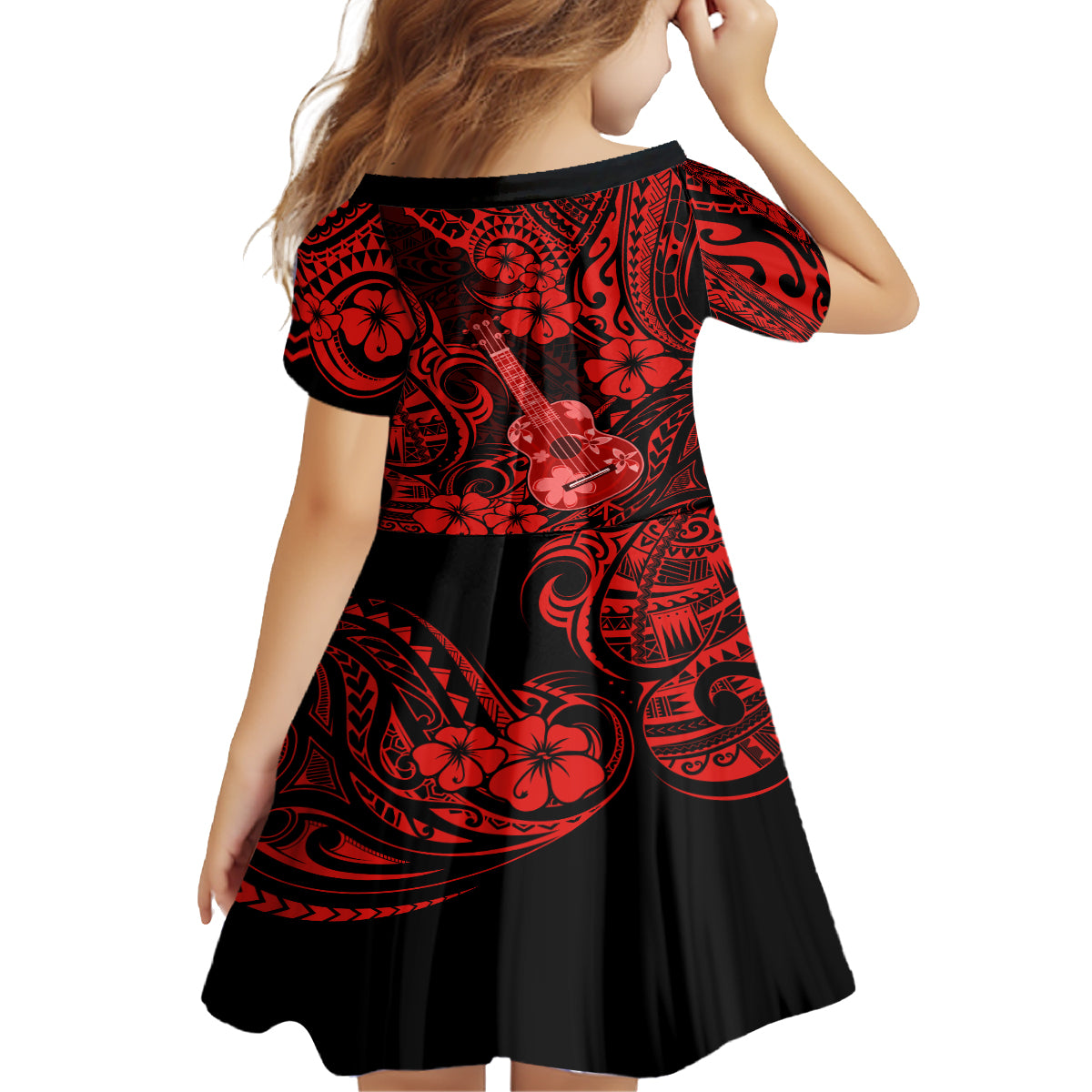 Hawaii Ukulele Kid Short Sleeve Dress Polynesian Pattern Red Version LT01 - Polynesian Pride