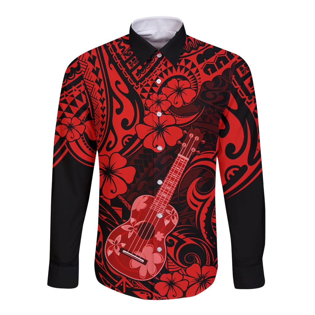 Hawaii Ukulele Long Sleeve Button Shirt Polynesian Pattern Red Version LT01 Unisex Red - Polynesian Pride