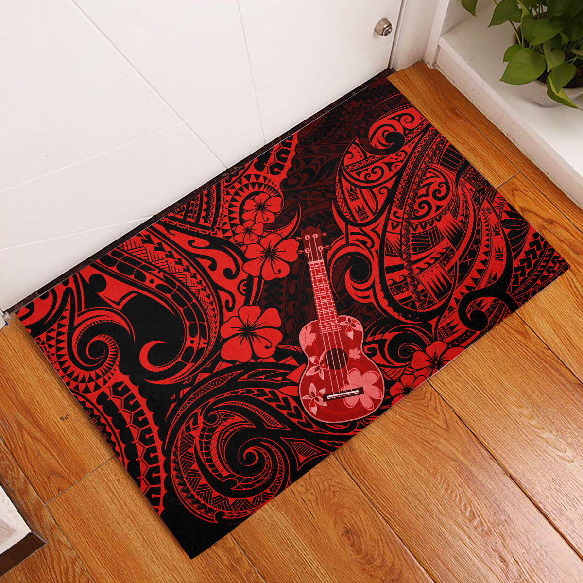 Hawaii Ukulele Rubber Doormat Polynesian Pattern Red Version LT01 Red - Polynesian Pride
