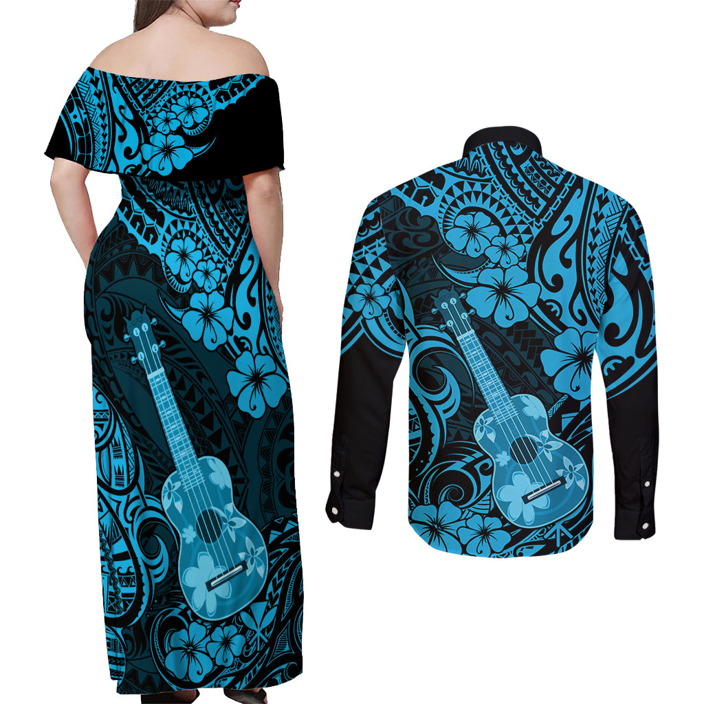 Hawaii Ukulele Couples Matching Off Shoulder Maxi Dress and Long Sleeve Button Shirts Polynesian Pattern Sky Blue Version LT01 - Polynesian Pride