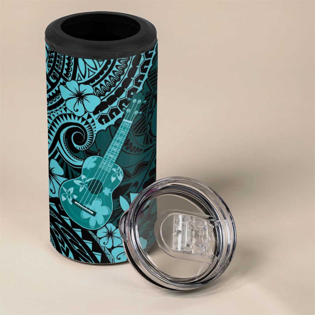 Hawaii Ukulele 4 in 1 Can Cooler Tumbler Polynesian Pattern Turquoise Version