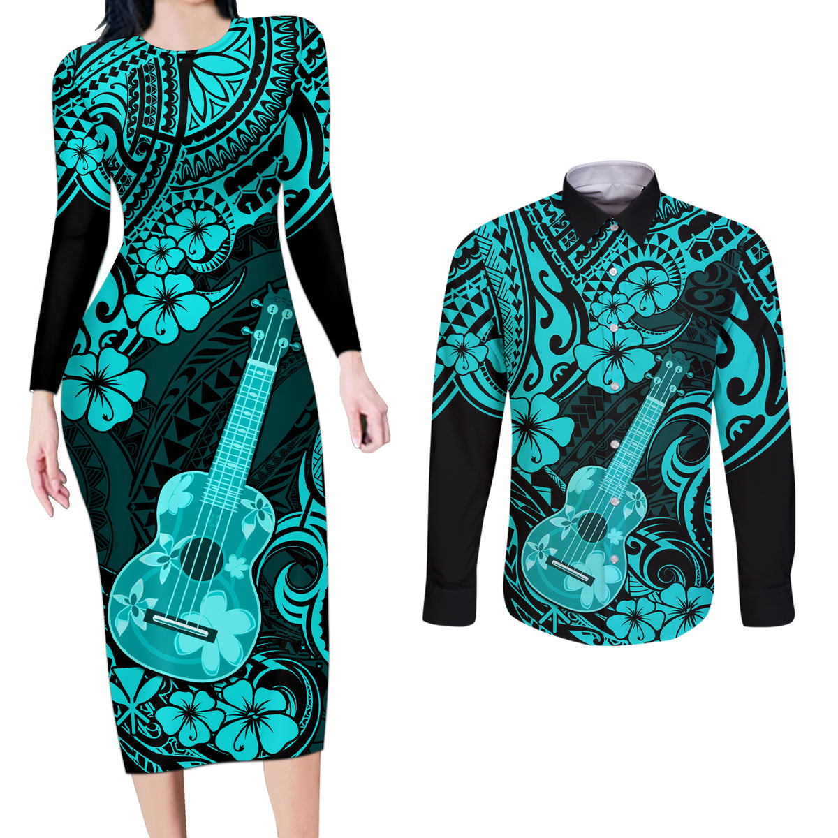 Hawaii Ukulele Couples Matching Long Sleeve Bodycon Dress and Long Sleeve Button Shirts Polynesian Pattern Turquoise Version LT01 Turquoise - Polynesian Pride