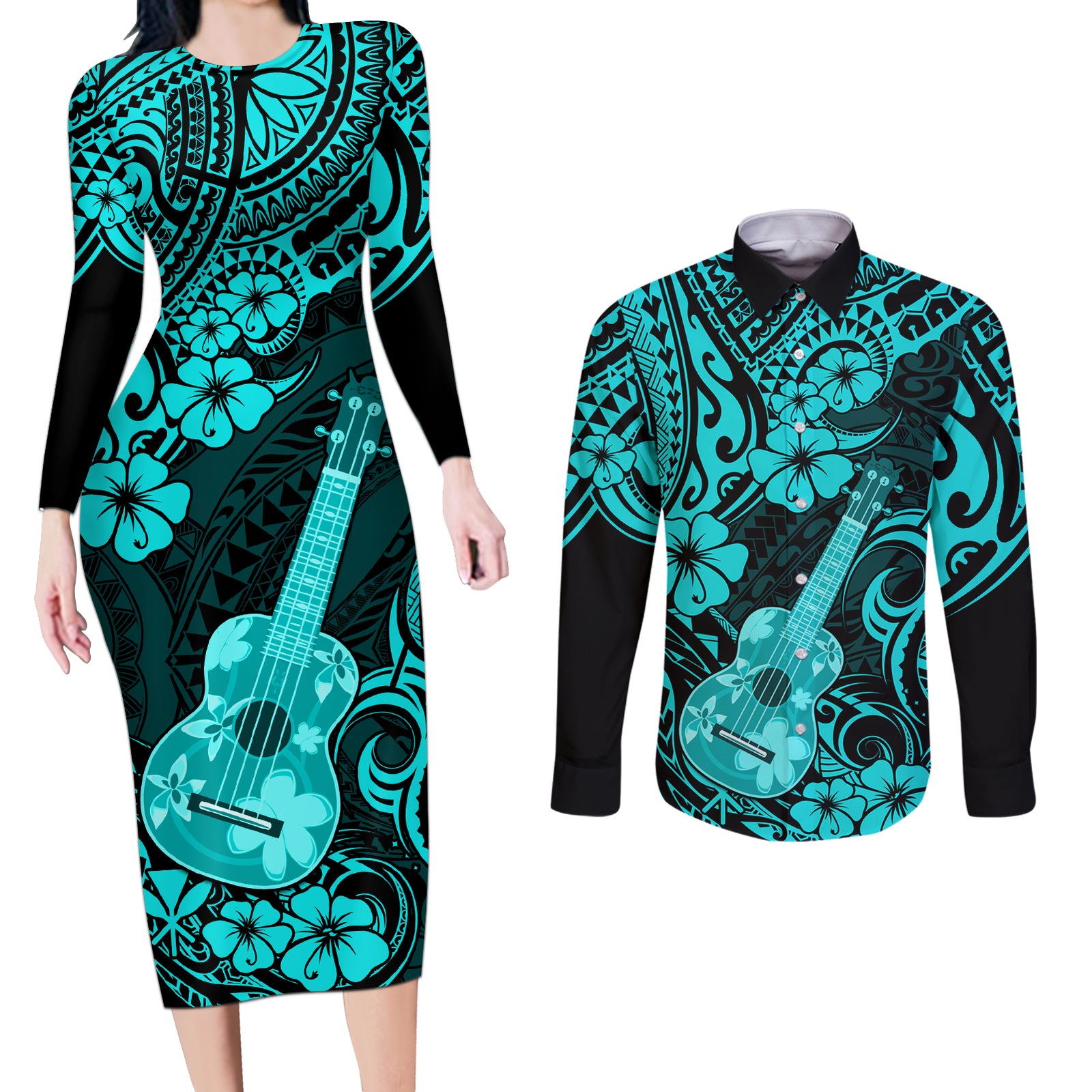 Hawaii Ukulele Couples Matching Long Sleeve Bodycon Dress and Long Sleeve Button Shirts Polynesian Pattern Turquoise Version LT01 Turquoise - Polynesian Pride