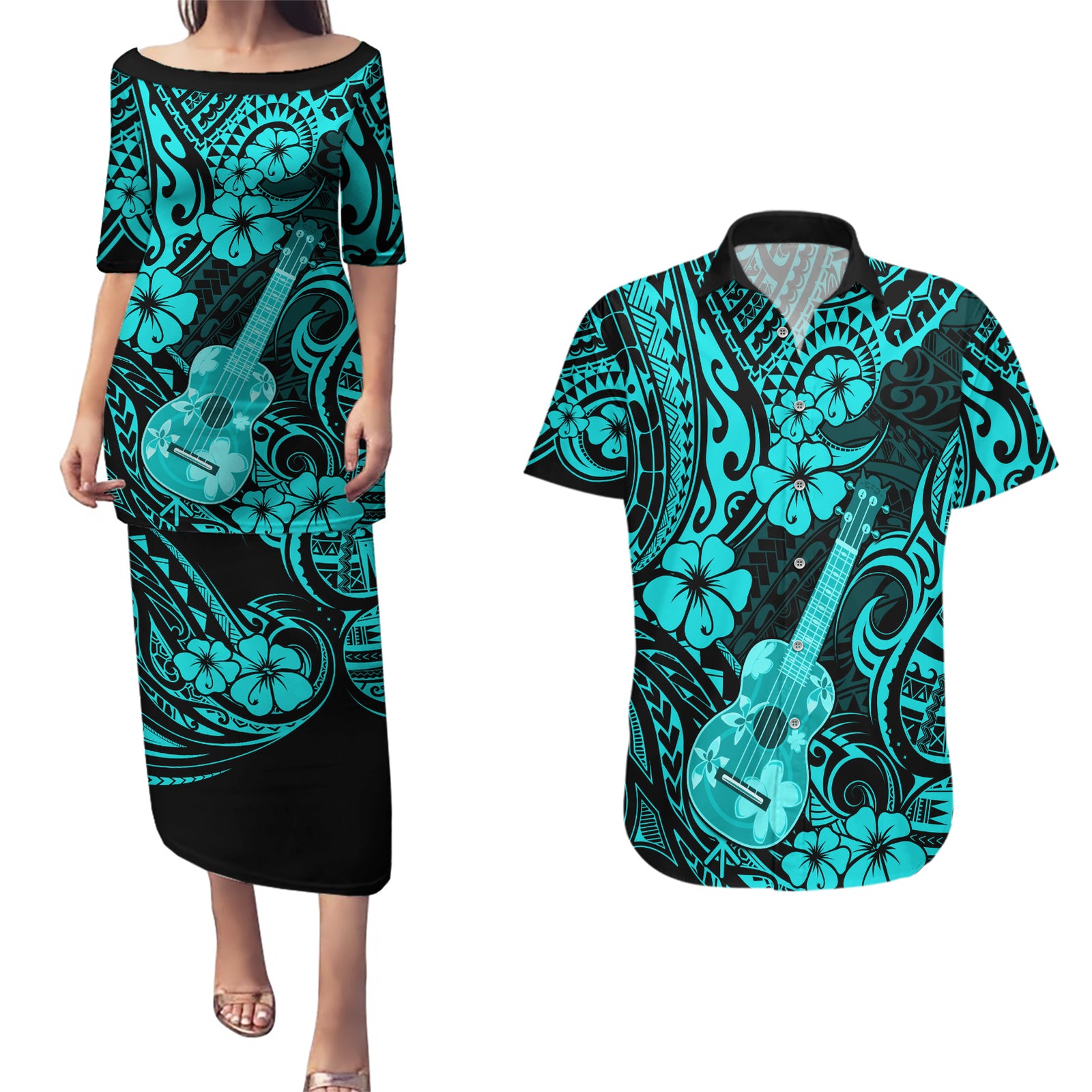 Hawaii Ukulele Couples Matching Puletasi Dress and Hawaiian Shirt Polynesian Pattern Turquoise Version LT01 Turquoise - Polynesian Pride