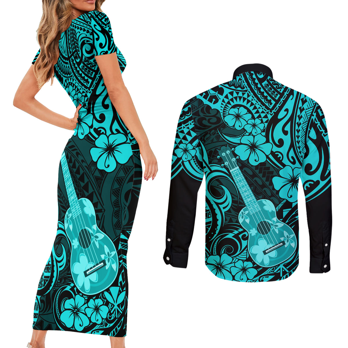 Hawaii Ukulele Couples Matching Short Sleeve Bodycon Dress and Long Sleeve Button Shirts Polynesian Pattern Turquoise Version LT01 - Polynesian Pride
