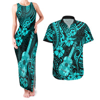 Hawaii Ukulele Couples Matching Tank Maxi Dress and Hawaiian Shirt Polynesian Pattern Turquoise Version LT01 Turquoise - Polynesian Pride