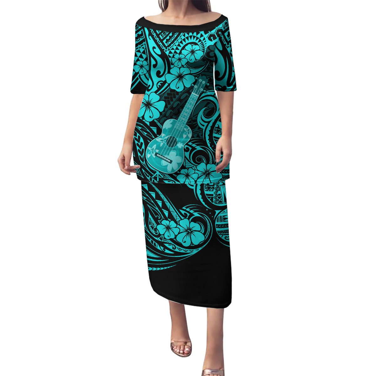 Hawaii Ukulele Family Matching Puletasi Dress and Hawaiian Shirt Polynesian Pattern Turquoise Version LT01 Mom's Dress Turquoise - Polynesian Pride