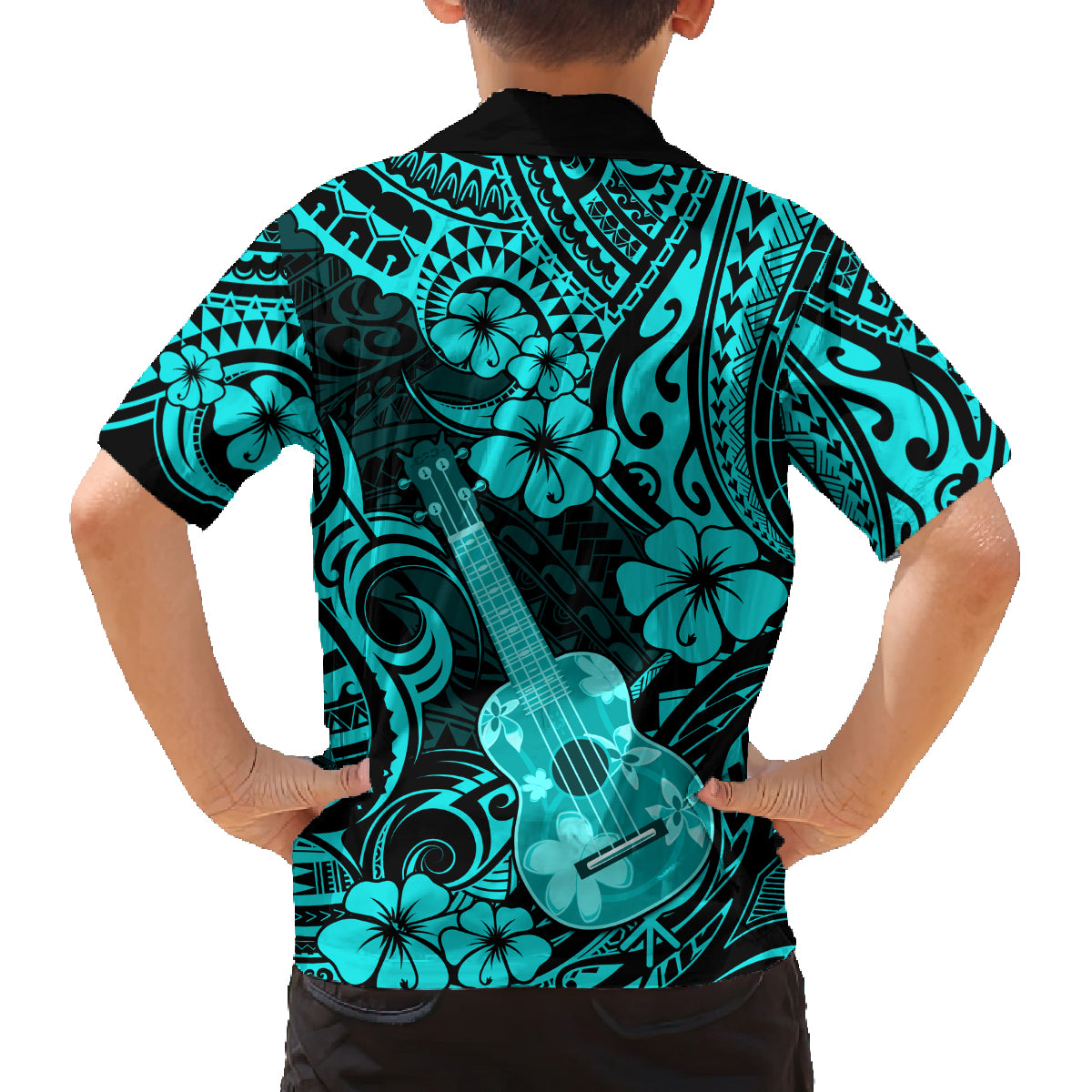 Hawaii Ukulele Family Matching Summer Maxi Dress and Hawaiian Shirt Polynesian Pattern Turquoise Version LT01 - Polynesian Pride
