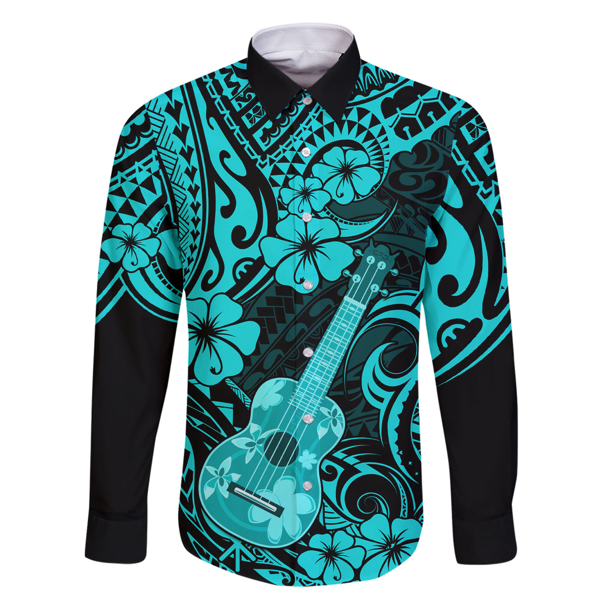 Hawaii Ukulele Family Matching Summer Maxi Dress and Hawaiian Shirt Polynesian Pattern Turquoise Version LT01 Dad's Shirt - Long Sleeve Turquoise - Polynesian Pride