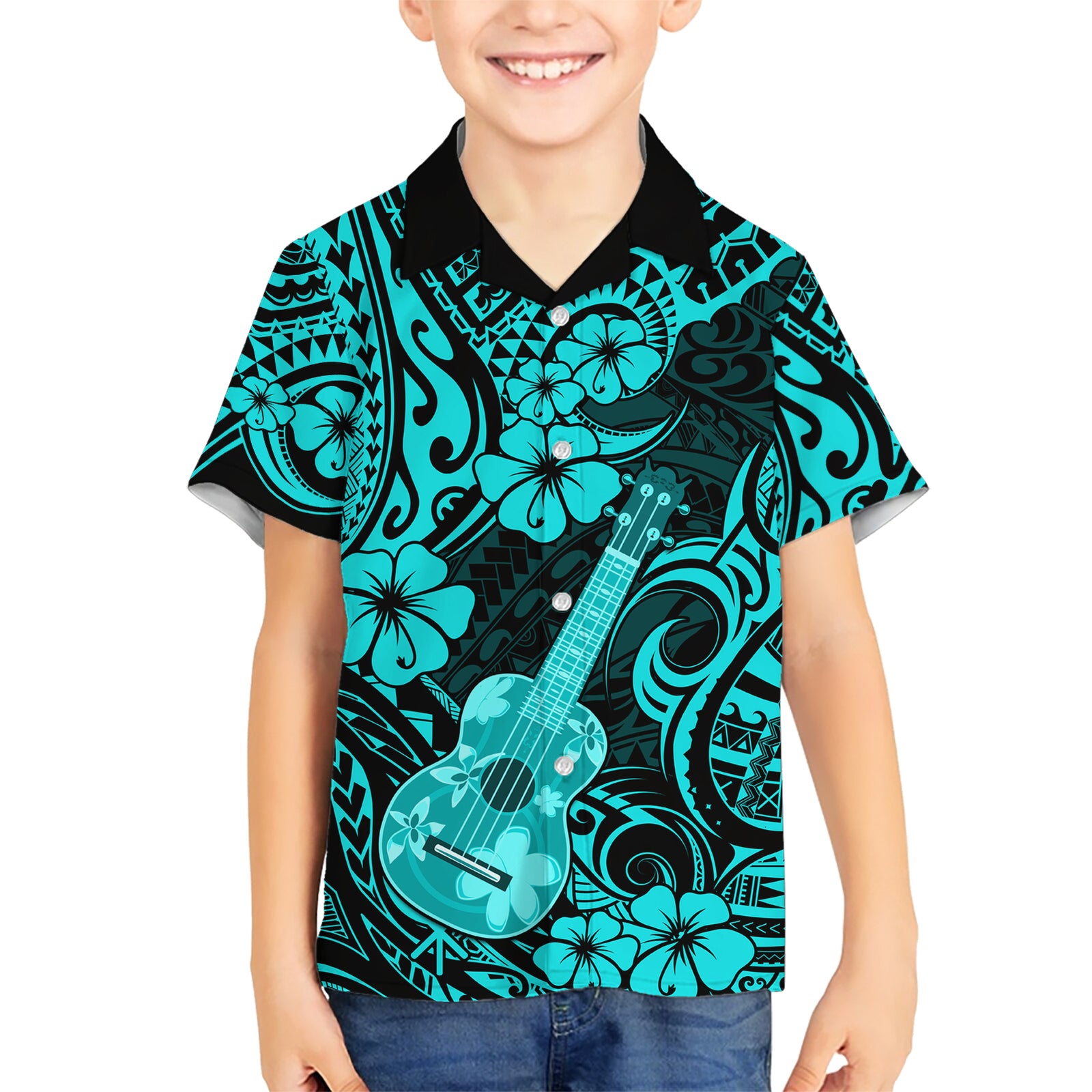 Hawaii Ukulele Kid Hawaiian Shirt Polynesian Pattern Turquoise Version LT01 Kid Turquoise - Polynesian Pride