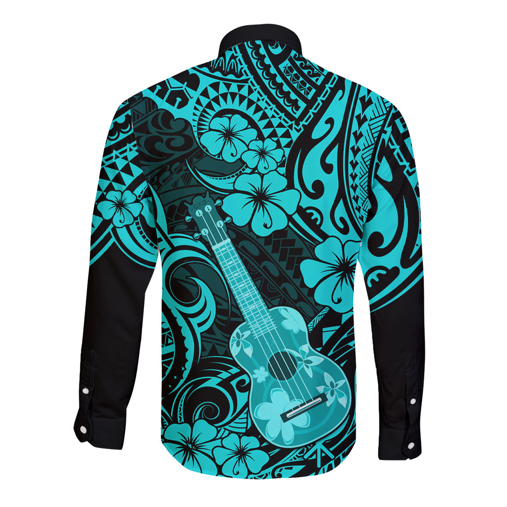 Hawaii Ukulele Long Sleeve Button Shirt Polynesian Pattern Turquoise Version LT01 - Polynesian Pride