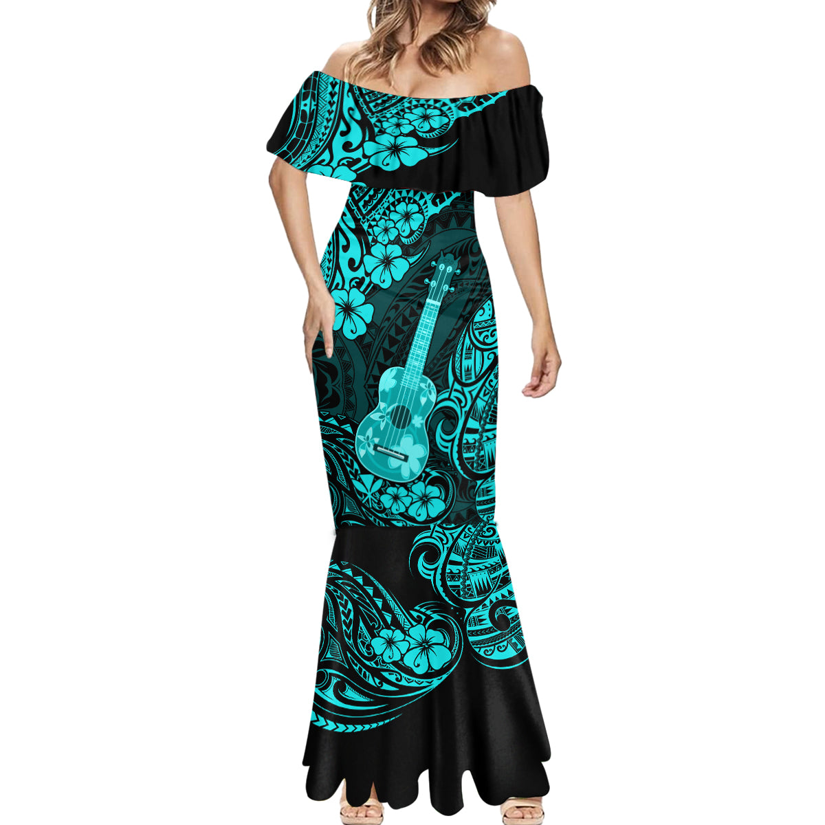 Hawaii Ukulele Mermaid Dress Polynesian Pattern Turquoise Version LT01 - Polynesian Pride
