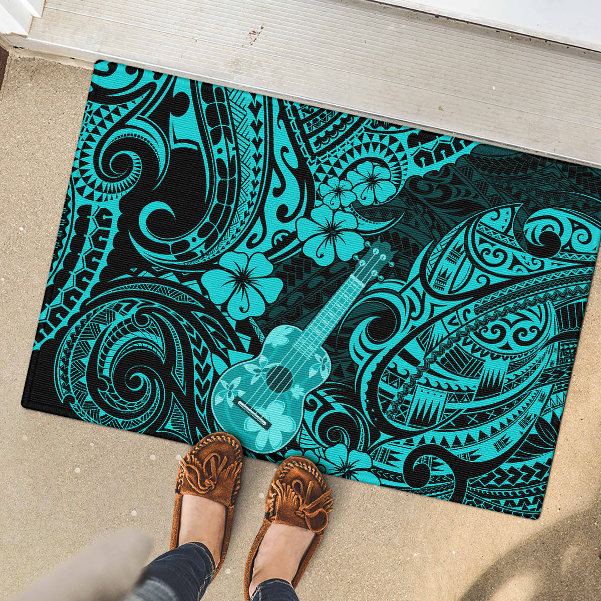 Hawaii Ukulele Rubber Doormat Polynesian Pattern Turquoise Version LT01 - Polynesian Pride