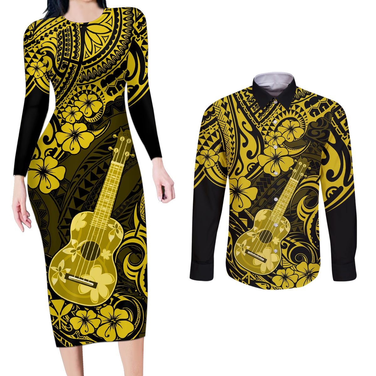Hawaii Ukulele Couples Matching Long Sleeve Bodycon Dress and Long Sleeve Button Shirts Polynesian Pattern Yellow Version LT01 Yellow - Polynesian Pride