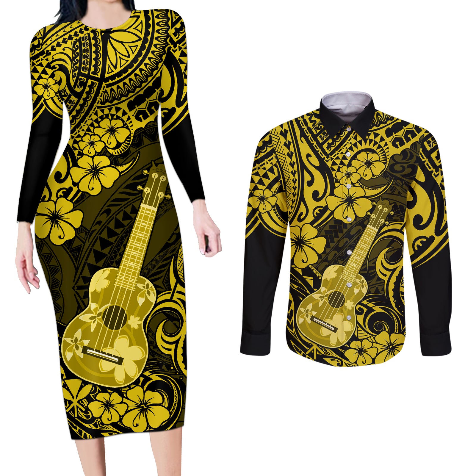 Hawaii Ukulele Couples Matching Long Sleeve Bodycon Dress and Long Sleeve Button Shirts Polynesian Pattern Yellow Version LT01 Yellow - Polynesian Pride