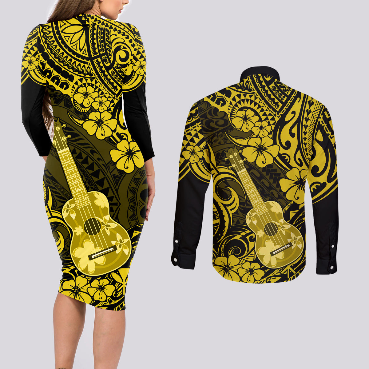 Hawaii Ukulele Couples Matching Long Sleeve Bodycon Dress and Long Sleeve Button Shirts Polynesian Pattern Yellow Version LT01 - Polynesian Pride
