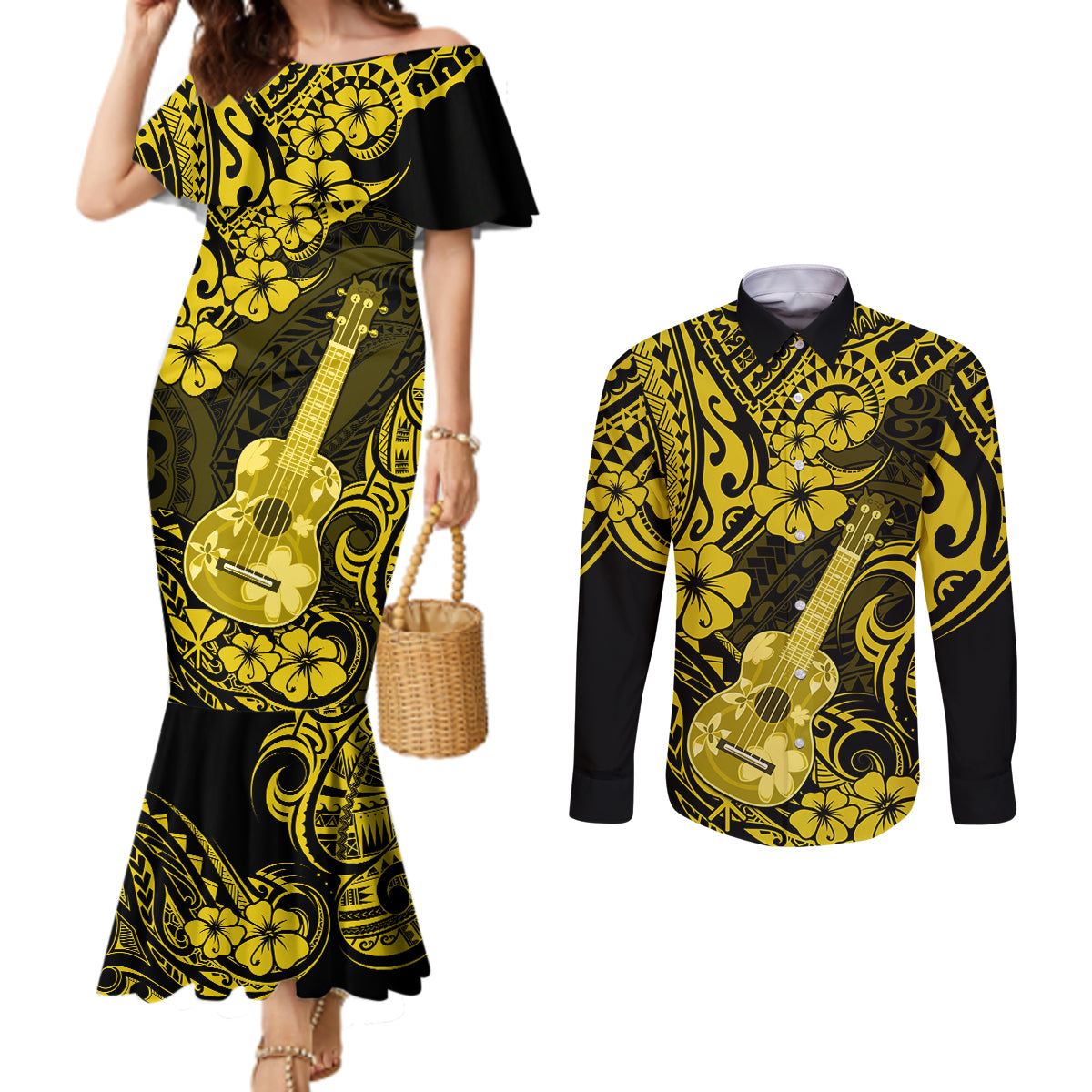 Hawaii Ukulele Couples Matching Mermaid Dress and Long Sleeve Button Shirts Polynesian Pattern Yellow Version LT01 Yellow - Polynesian Pride