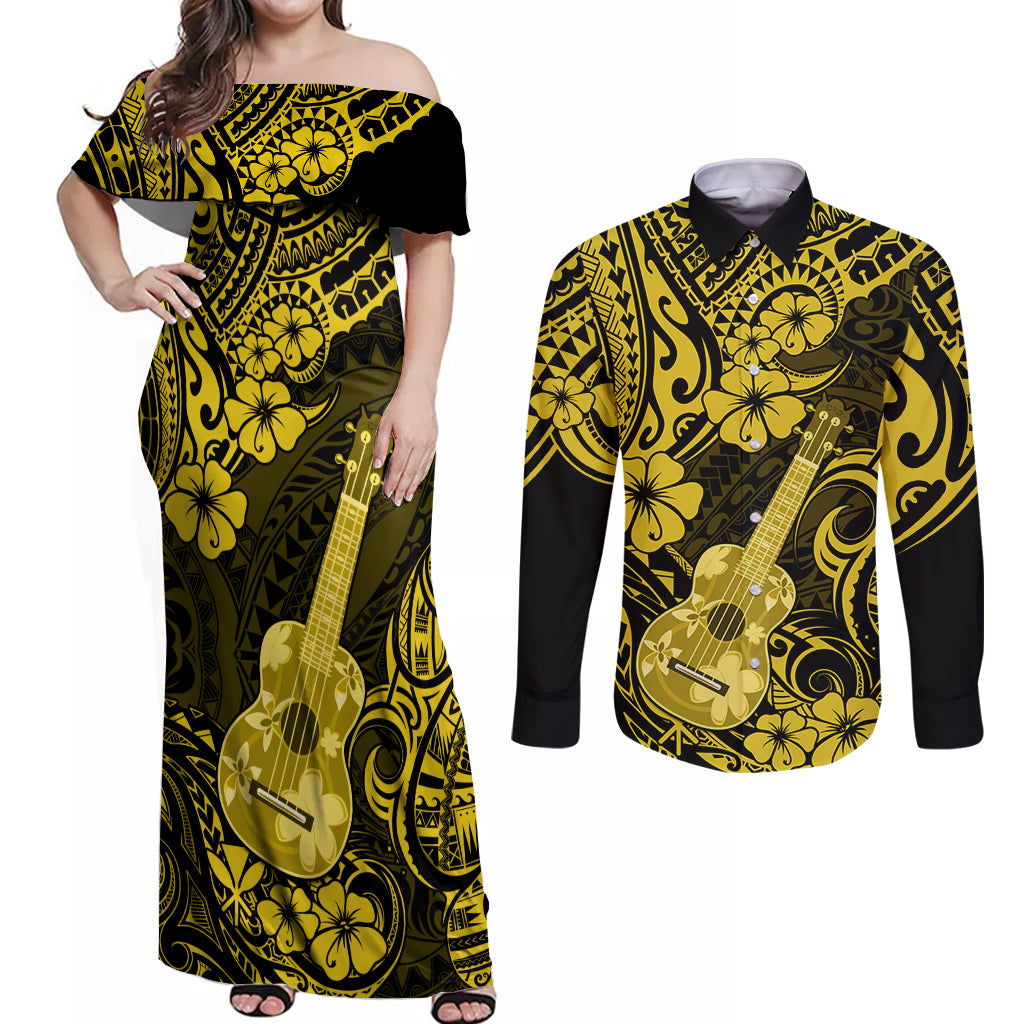 Hawaii Ukulele Couples Matching Off Shoulder Maxi Dress and Long Sleeve Button Shirts Polynesian Pattern Yellow Version LT01 Yellow - Polynesian Pride