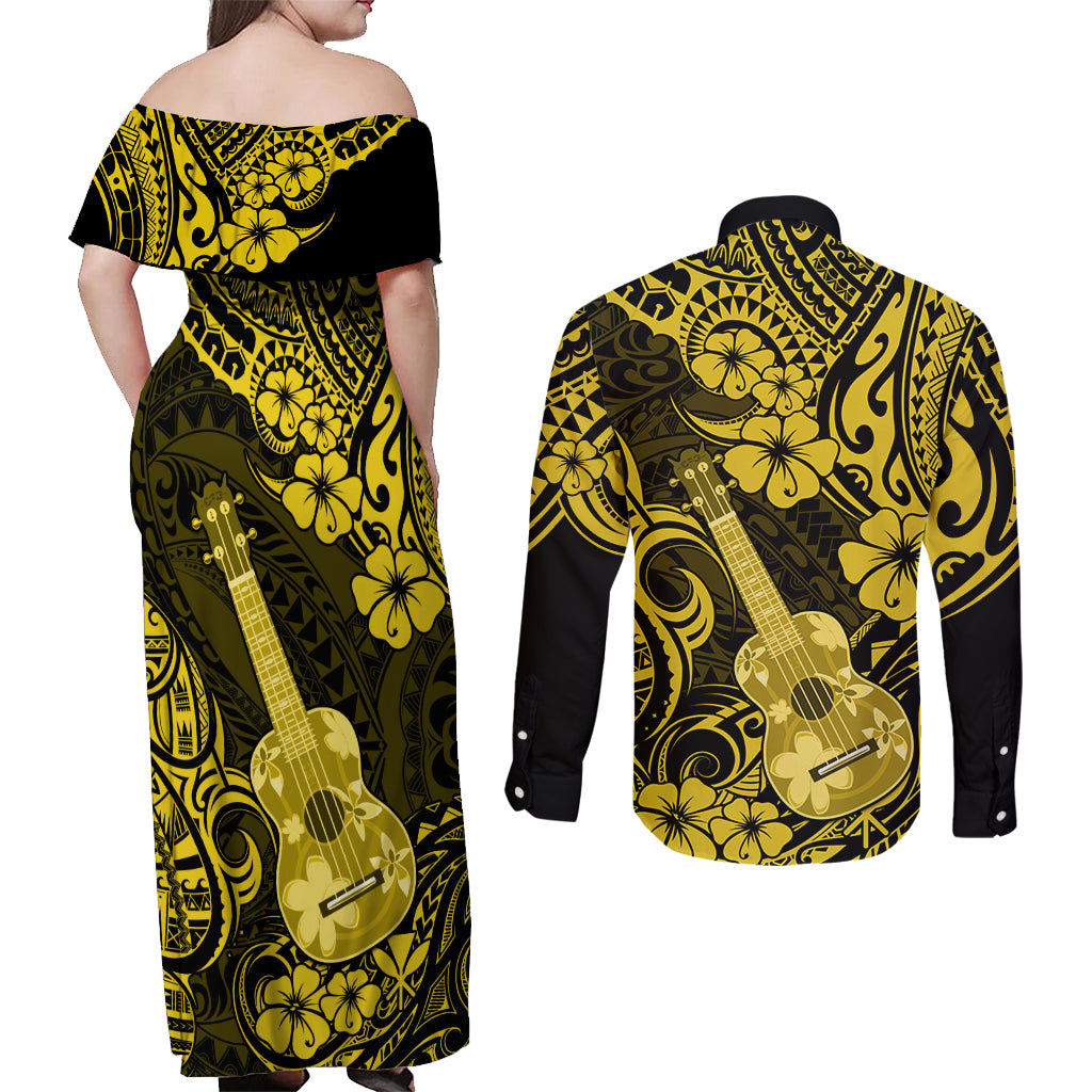 Hawaii Ukulele Couples Matching Off Shoulder Maxi Dress and Long Sleeve Button Shirts Polynesian Pattern Yellow Version LT01 - Polynesian Pride